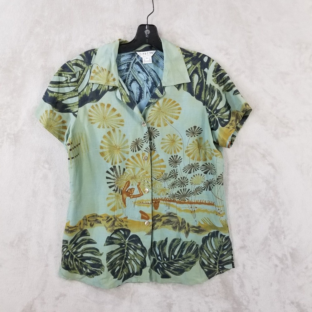 Citron Santa Monica Silk Linen Hula Monstera Tropical Print Shirt Green Womens M